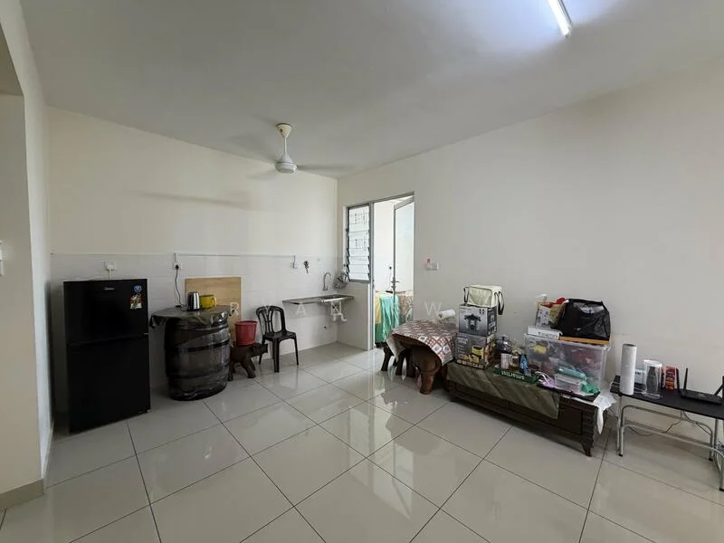 Room features: white painted walls, glossy tile flooring, ceiling fan, single-bowl stainless-steel sink, black fridge, wooden barrel, plastic chair, wooden table, various items on table.