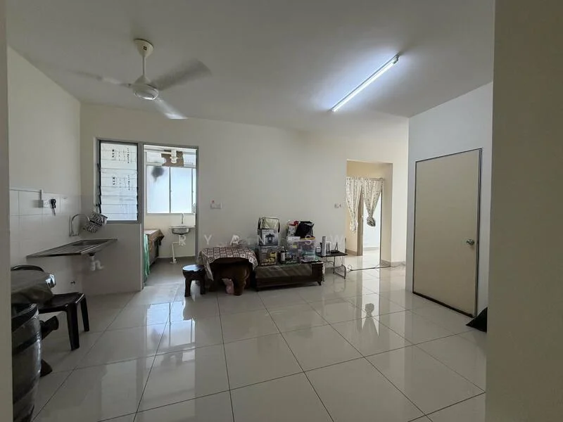 Living features: white painted walls, glossy tile flooring, ceiling fan, large window with sheer curtains, sofa, coffee table, dining table, open layout, light fixture, doorway to other room. Kitchen features: white tiled backsplash, stainless-steel sink, countertop, kitchen cabinets, window above sink.