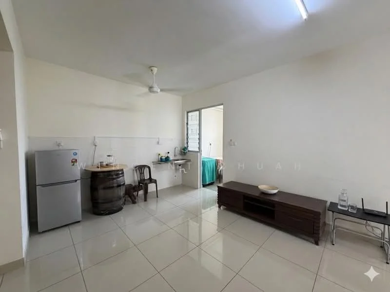 Living features: white painted walls, glossy ceramic tile flooring, ceiling fan, refrigerator, wooden barrel table, wooden chair, TV console, glass water bottle. Kitchen features: white painted walls, glossy ceramic tile flooring, kitchen countertop, sink, stainless-steel appliances.