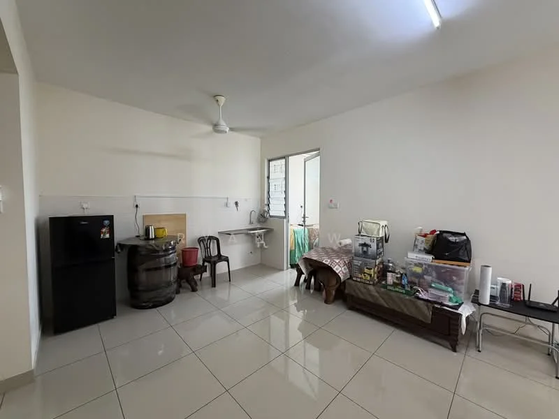 Living features: white painted walls, glossy tile flooring, ceiling fan, window with natural light, black fridge, wooden chair, wooden bench, kitchenette with sink, barrel storage, decorative items on bench.
