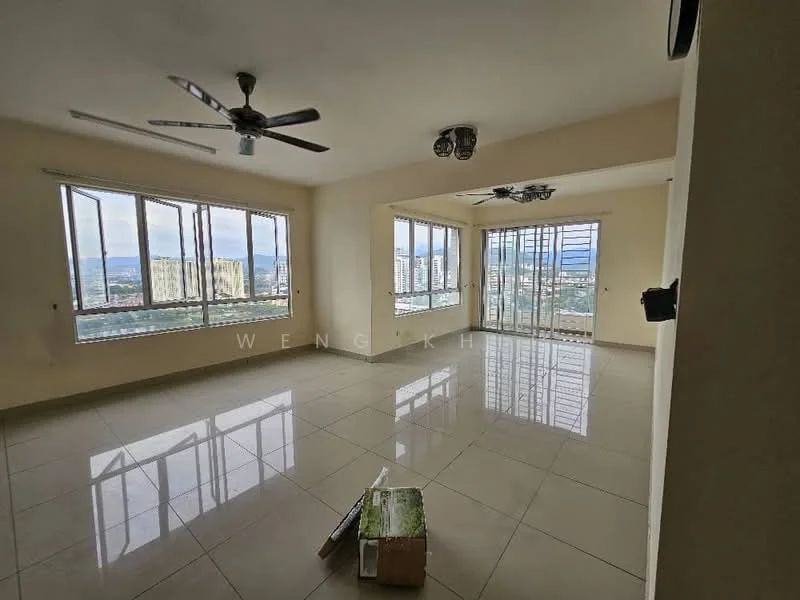 Living features: large floor-to-ceiling windows, 2 ceiling fans, neutral painted walls, glossy ceramic tile flooring, recessed downlights, city view, open layout, natural light; style: modern; view: city.