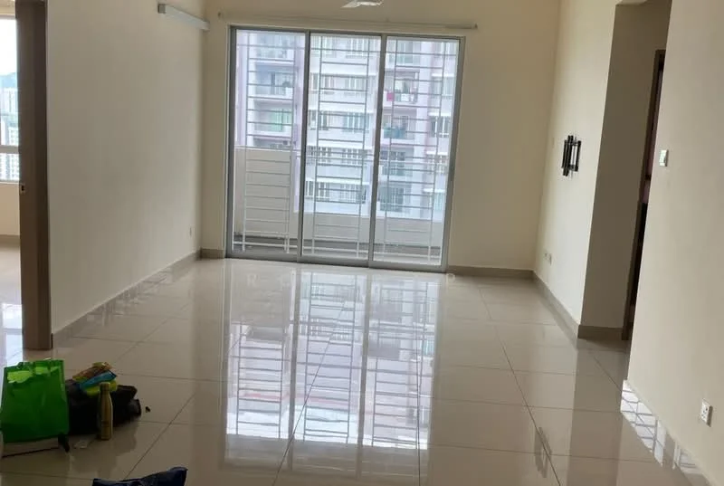 Living features: glossy tile flooring, cream painted walls, floor-to-ceiling windows, sliding glass door, natural light, neutral color scheme, open layout, no visible furniture; style: modern; view: city.