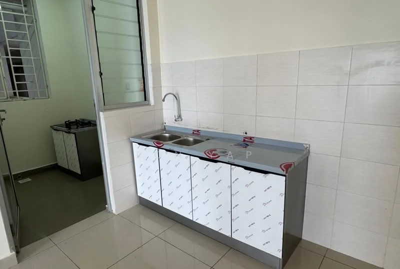 Kitchen features: double-bowl stainless-steel sink, chrome pull-down faucet, grey laminate countertop, white cabinetry with flat-panel doors, gas stove with two burners, white tiled backsplash, grey tiled flooring, window for natural light; style: modern.