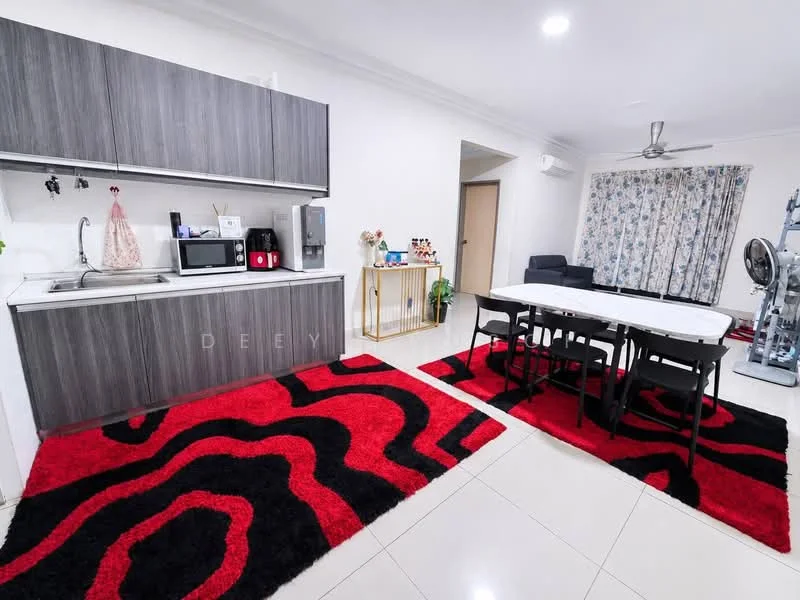 Kitchen features: grey cabinetry, stainless-steel sink, chrome pull-down faucet, built-in kitchen appliances, white countertop, tile backsplash; style: modern. Dining features: 6-seater dining table, black dining chairs, red and black area rug, pendant light, open layout; style: modern. Living features: sofa, red and black area rug, floor-to-ceiling curtains, ceiling fan, wall-mounted air conditioning unit; style: modern.