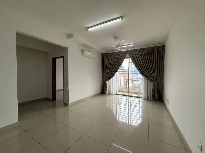Living features: white painted walls, glossy ceramic tile flooring, 5-blade ceiling fan with light, floor-to-ceiling windows, sliding glass door, sheer curtains, recessed LED downlights, air conditioning unit; style: modern; view: city.
