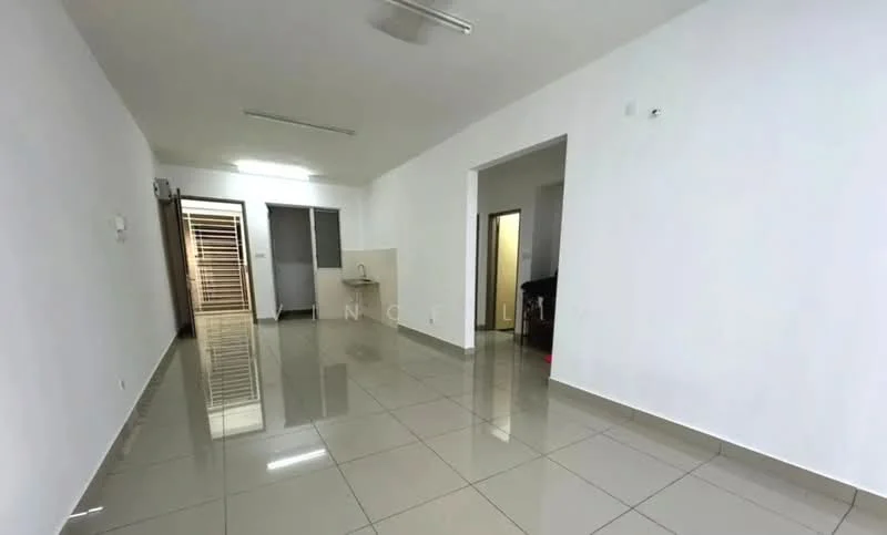 Room features: white painted walls, glossy tile flooring, fluorescent ceiling lights, open layout, doorway leading to another room, large windows, neutral color scheme, no visible furniture; style: modern.