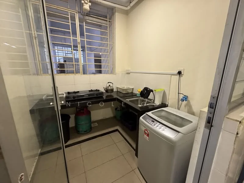 Laundry features: black countertop, stainless-steel sink, 4-burner gas hob, built-in cabinets, washing machine, tile flooring, white walls, window with security bars.
