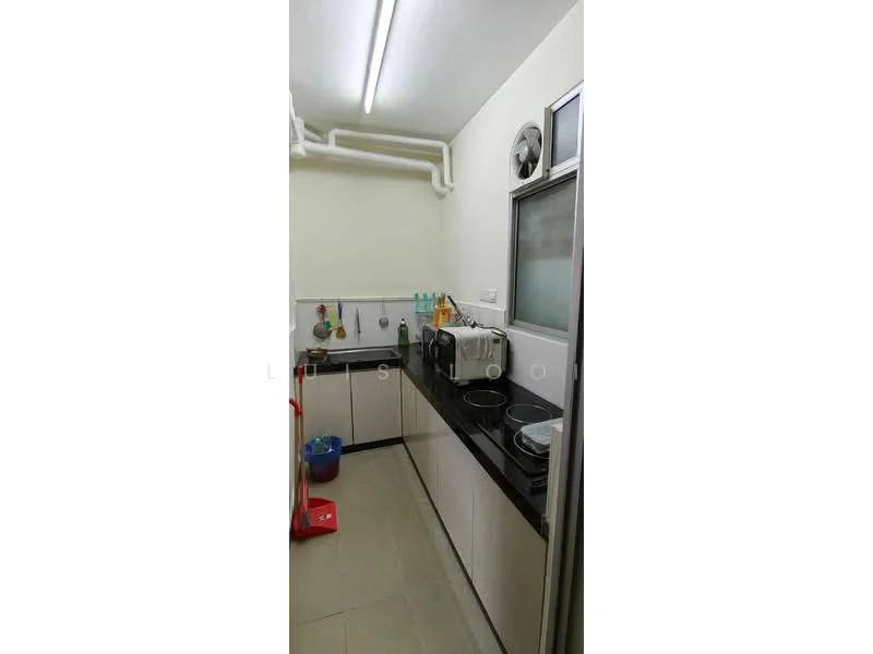 Kitchen features: black granite countertop, white cabinetry, stainless-steel sink, chrome pull-down faucet, built-in oven, freestanding range oven, microwave, refrigerator, tile flooring, wall-mounted exhaust fan, hanging pot rack, wall tiles, under-sink storage; style: modern.