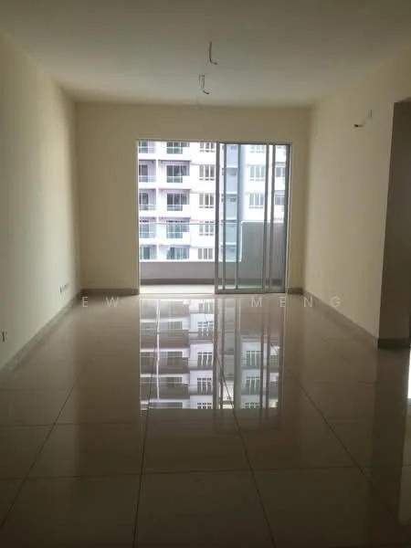 Living features: cream painted walls, polished ceramic tile flooring, floor-to-ceiling windows, sliding glass door, natural light from windows, ceiling lights, open layout, reflected light on floor; style: modern; view: city.