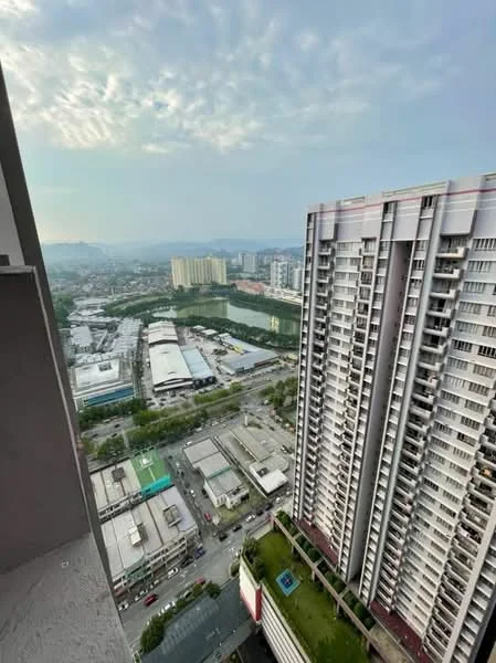 Exterior type: high-rise condominium; features: city skyline view, surrounded by urban landscape, adjacent to main road, multiple high-rise buildings in view, greenery visible in the distance, parking area visible, commercial buildings nearby; style: modern.