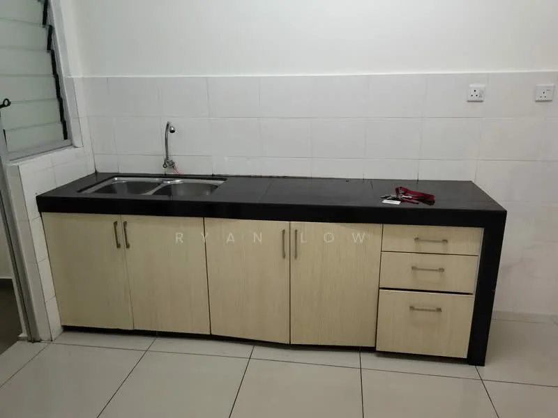 Kitchen features: double-bowl stainless-steel sink, chrome pull-down faucet, black granite countertop, light wood cabinetry, three drawers, two cabinet doors, white tiled backsplash, white tiled walls, ceramic tile flooring; style: modern.