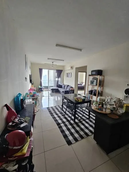 Living features: white painted walls, glossy tile flooring, 5-blade ceiling fan with light, floor-to-ceiling windows, black and white striped area rug, sofa in grey, coffee table, TV console, wall-mounted TV, decorative items on shelves, dining table with chairs, open shelving unit, curtains in dark purple; style: modern; view: city.