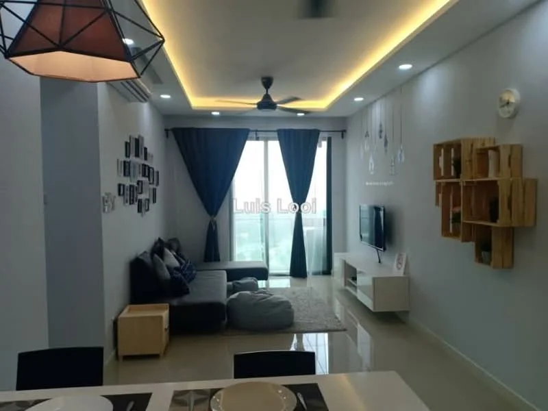 Living features: L-shape sectional sofa in grey, area rug, wall-mounted TV, TV console in white, ceiling fan, recessed LED downlights, floor-to-ceiling windows, curtains in dark grey, decorative wall shelves, framed artwork, light fixture with geometric design; style: modern; view: city.