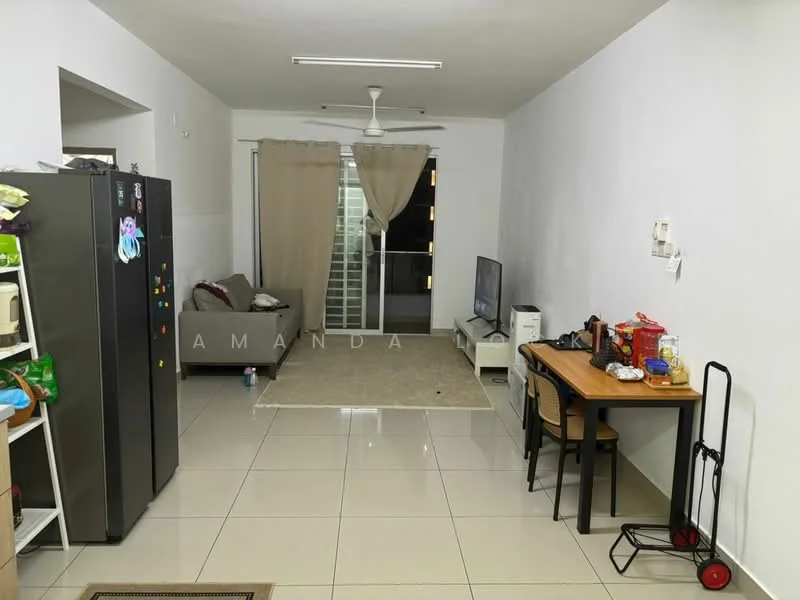 Living features: grey fabric sofa, coffee table, TV console, wall-mounted TV, area rug, 5-blade ceiling fan with light, sliding glass door, curtains, ceramic tile flooring, white painted walls, dining table with chairs, refrigerator; style: modern.