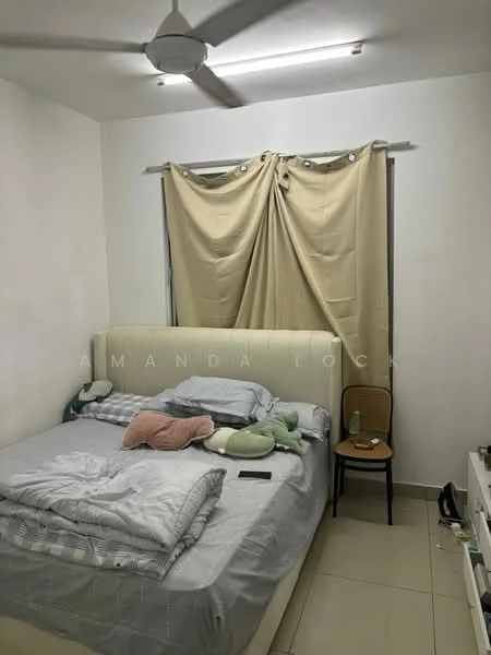 Bedroom features: queen-size bed, upholstered headboard, light grey bedding, pillow assortment, white walls, ceiling fan, curtains, tile flooring, nightstand, chair; style: minimalist.