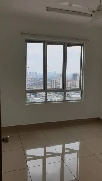 Room features: large floor-to-ceiling windows, city view, white painted walls, glossy ceramic tile flooring, ceiling fan; style: modern; view: city.