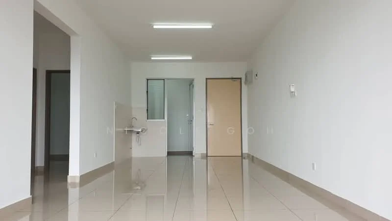 Room features: white painted walls, glossy ceramic tile flooring, recessed LED downlights, single-bowl stainless-steel sink, door leading to bathroom, door leading to another room, air conditioning unit, large window; style: modern.