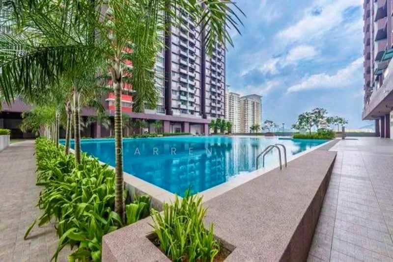Exterior type: high-rise condominium; features: infinity pool, pool deck with loungers, tropical landscaping, palm trees, manicured lawn, surrounded by greenery; style: modern.