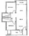 Floor plan: 2-bedroom 1-bathroom unit; features: open-plan kitchen-dining-living, master bedroom with ensuite bathroom, bedroom 2 with shared bathroom, utility room, central foyer, balcony off living room, 1 car porch.