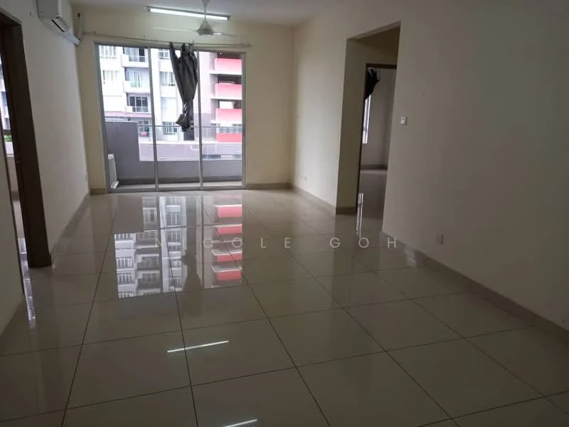 Living features: glossy ceramic tile flooring, cream painted walls, floor-to-ceiling sliding glass door, sheer curtains, ceiling fan, recessed downlights, open layout, natural light from windows; style: modern. Room features: cream painted walls, glossy ceramic tile flooring, doorway leading to another room.