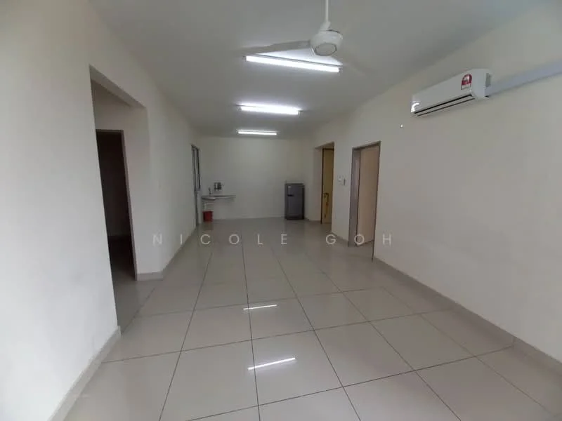 Room features: white painted walls, glossy ceramic tile flooring, ceiling fan, 1 wall-mounted split AC, door to adjacent room, window with natural light, neutral color scheme, open layout; style: modern.