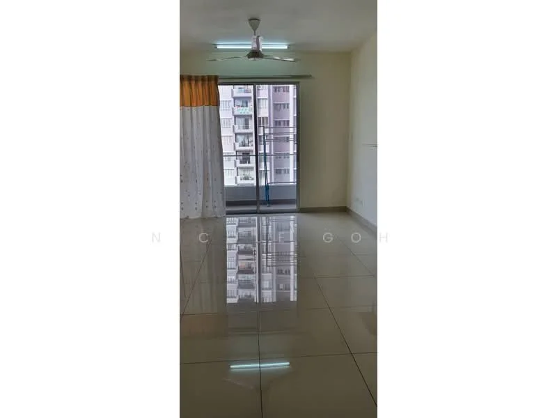 Living features: glossy tile flooring, white painted walls, 5-blade ceiling fan with light, floor-to-ceiling sliding glass door, sheer curtains, balcony view, neutral color scheme, built-in wall shelf; style: modern; view: city.