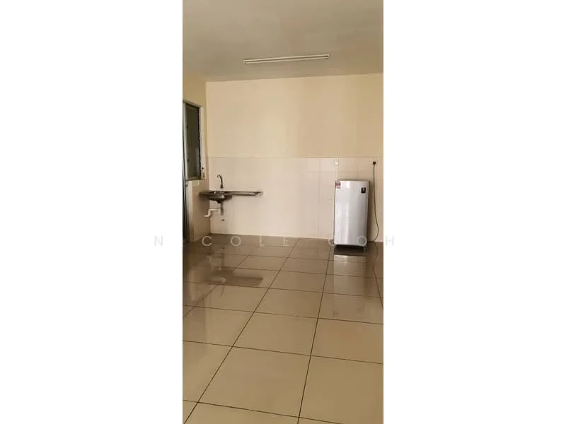 Laundry features: white painted walls, cream tiled flooring, single-bowl stainless-steel sink, stainless-steel fridge, window with no treatment, fluorescent ceiling light, countertop space, plumbing fixtures visible.