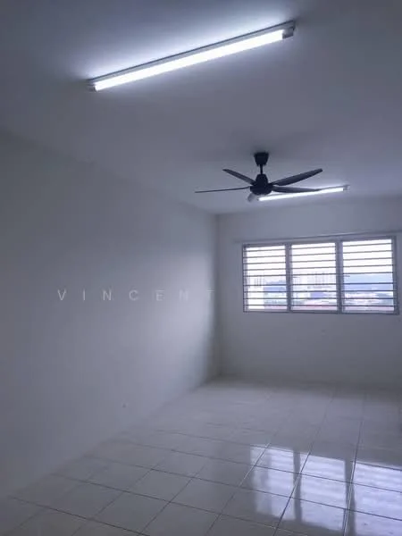 Room features: white painted walls, glossy white tile flooring, 5-blade ceiling fan with light, sliding windows with horizontal bars, natural light from windows, no visible furniture; style: minimalist; view: city.