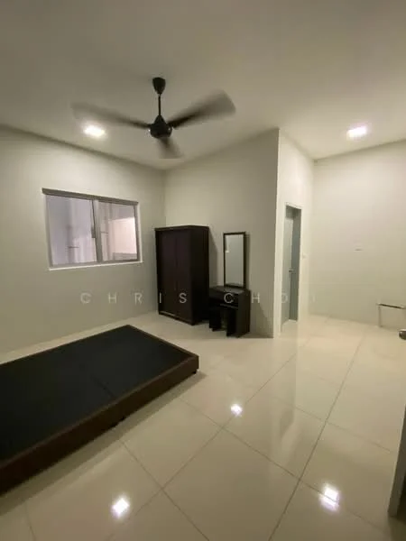 Bedroom features: queen-size bed frame without mattress, black wooden wardrobe, black dressing table with mirror, white painted walls, glossy tile flooring, ceiling fan, window with sheer curtains, door leading to hallway; style: modern.