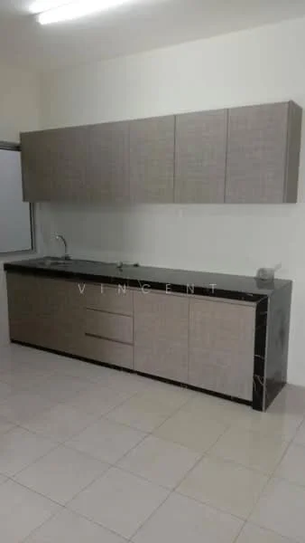 Kitchen features: laminate cabinetry in light grey, black granite countertop, single-bowl stainless-steel sink, chrome pull-down faucet, wall-mounted cabinets, ceramic tile flooring, neutral painted walls, window above sink; style: modern.
