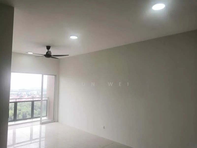 Living features: white painted walls, polished ceramic tile flooring, 5-blade ceiling fan, recessed LED downlights, floor-to-ceiling sliding glass door, balcony access, city view; style: modern; view: city.