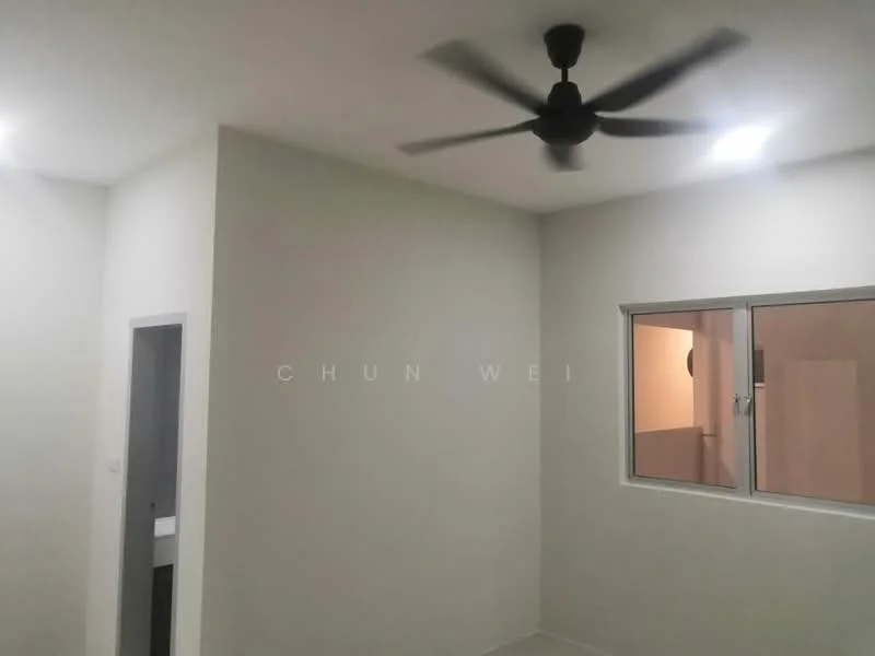 Room features: white painted walls, ceiling fan, recessed LED downlights, window with view, doorway leading to another room, plain flooring.