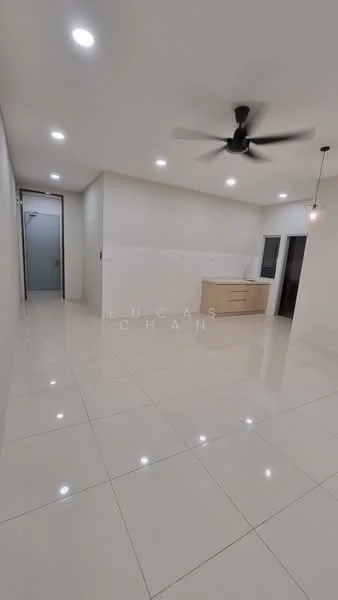 Living features: white painted walls, glossy ceramic tile flooring, 5-blade ceiling fan with light, recessed LED downlights, pendant light, kitchen island with cabinetry, open layout, large windows, neutral color scheme; style: modern.