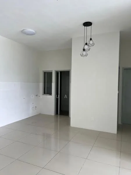 Room features: white painted walls, tile flooring, recessed ceiling light, hanging pendant lights, doorway leading to another room, open layout, neutral color scheme; style: modern.