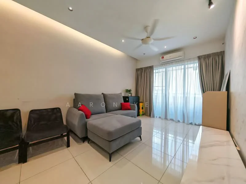 Living features: grey fabric sectional sofa, red accent pillows, 2 black plastic chairs, white walls, recessed downlights, 5-blade ceiling fan, large sliding glass door, floor-to-ceiling curtains, white tiled flooring, air conditioning unit; style: modern.