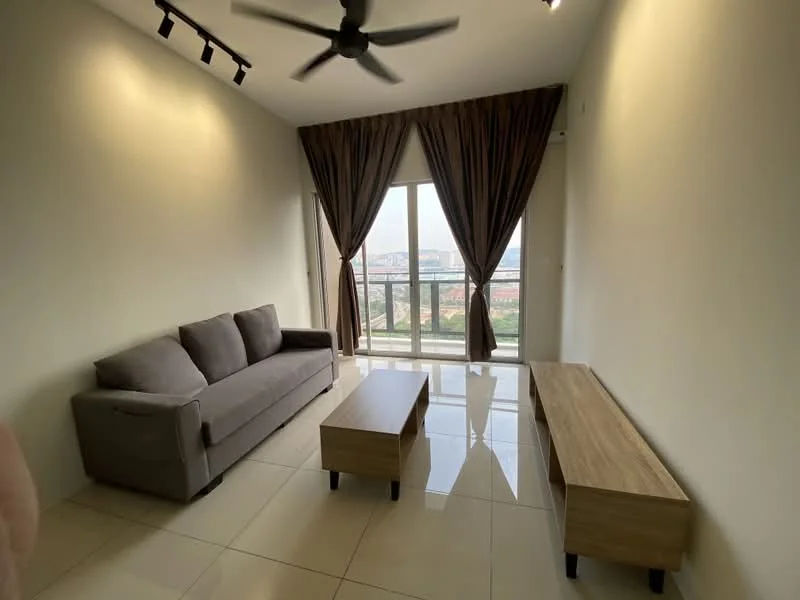 Living features: 3-seater fabric sofa in grey, wooden coffee table, wooden TV console, floor-to-ceiling windows, sheer curtains, dark brown curtains, ceiling fan, glossy tile flooring, neutral painted walls; style: modern; view: city.
