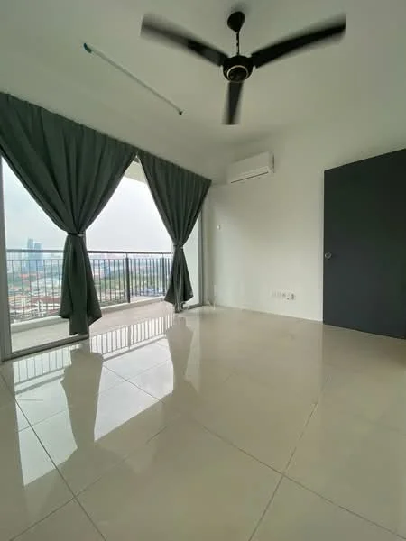 Room features: floor-to-ceiling windows, grey curtains, white walls, polished ceramic tile flooring, 1 wall-mounted split AC, 5-blade ceiling fan, balcony view, sliding door, light switch, door to another room; style: modern; view: city.