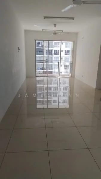 Living features: white painted walls, glossy tile flooring, 5-blade ceiling fan with light, floor-to-ceiling windows, sliding glass door, natural light, reflected light on floor; style: modern; view: city.