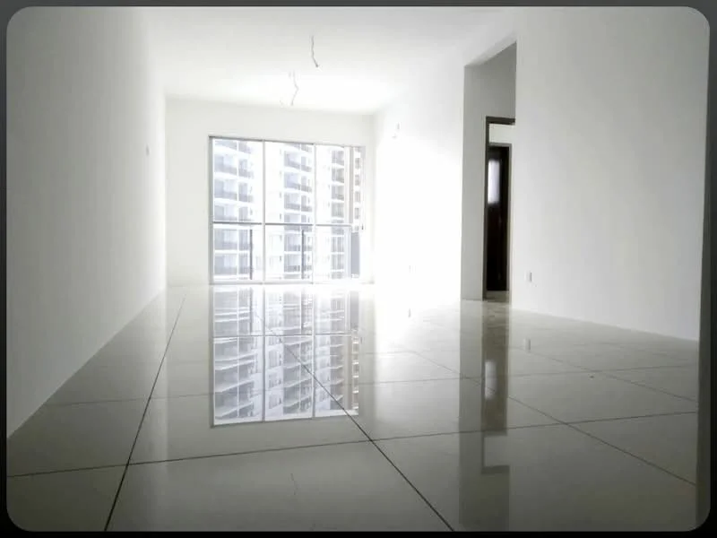 Room features: white painted walls, glossy ceramic tile flooring, floor-to-ceiling windows, natural light from windows, minimalist ceiling design, open layout, reflected light on floor, neutral color palette; style: modern; view: city.
