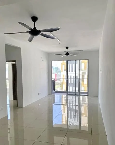 Living features: white painted walls, glossy tile flooring, 2 ceiling fans, floor-to-ceiling sliding glass door, natural light from large windows, open layout, neutral color scheme, no visible furniture; style: modern; view: city.