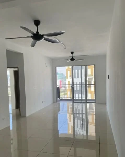Living features: white painted walls, glossy tile flooring, 2 ceiling fans, floor-to-ceiling sliding glass door, balcony access, natural light from windows, neutral color scheme, open layout; style: modern; view: city.