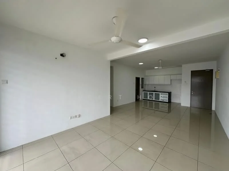 Living features: white painted walls, glossy ceramic tile flooring, 2 ceiling fans, recessed downlights, open layout, large windows, kitchen area visible, neutral color scheme; style: modern.