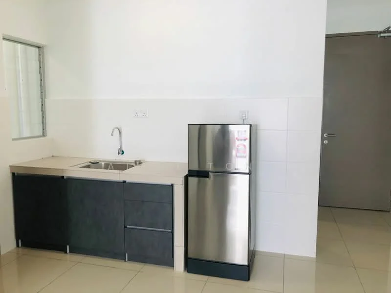 Kitchen features: single-bowl stainless-steel sink, chrome pull-down faucet, laminate countertop, dark grey cabinetry, stainless-steel fridge, white tiled backsplash, cream painted walls, tile flooring; style: modern.