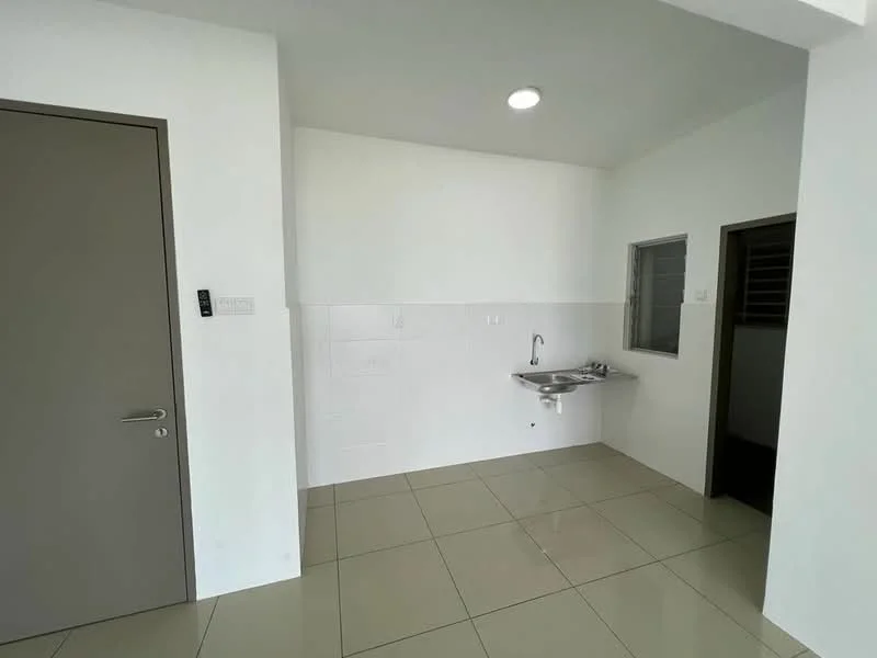 Room features: white painted walls, glossy tile flooring, single-bowl stainless-steel sink, chrome faucet, window with metal grille, door with handle, ceiling light, corner wall with no visible features; style: modern.