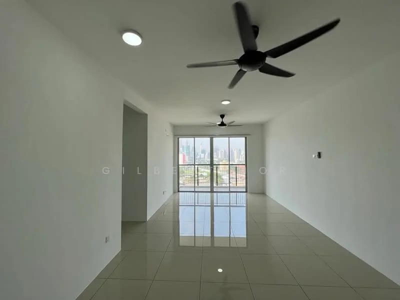 Living features: white painted walls, glossy tile flooring, 5-blade ceiling fan with light, floor-to-ceiling windows, city view, recessed downlights; style: modern; view: city.