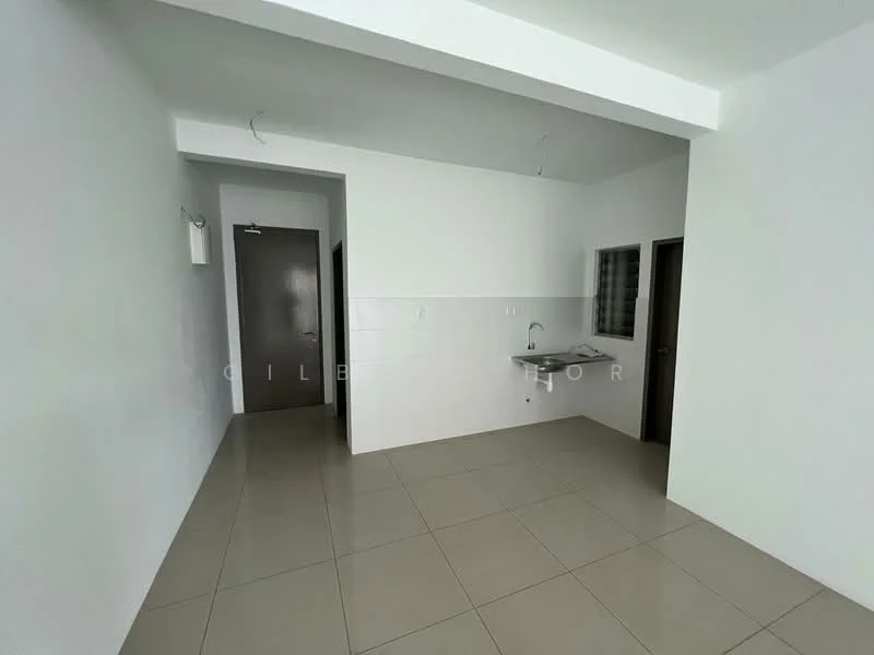Room features: white painted walls, tile flooring, single window, door leading to hallway, door leading to another room, wall-mounted sink, light fixture, ceiling with no visible beams; style: modern.