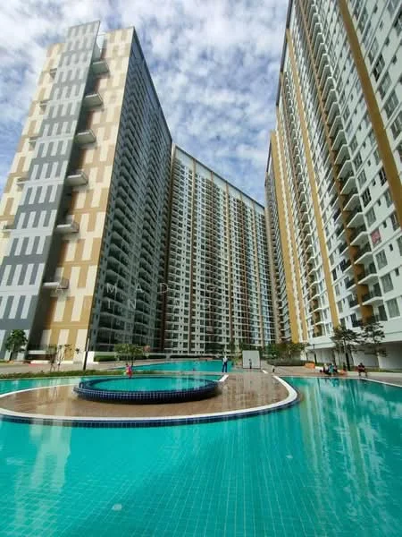 Exterior type: high-rise condominium; features: swimming pool with circular design, surrounding landscaped area, multiple high-rise buildings, balconies on residential units, glass curtain wall facade, manicured lawn, paved walkway around the pool, outdoor seating area, children's playground, water feature in pool area; style: modern.