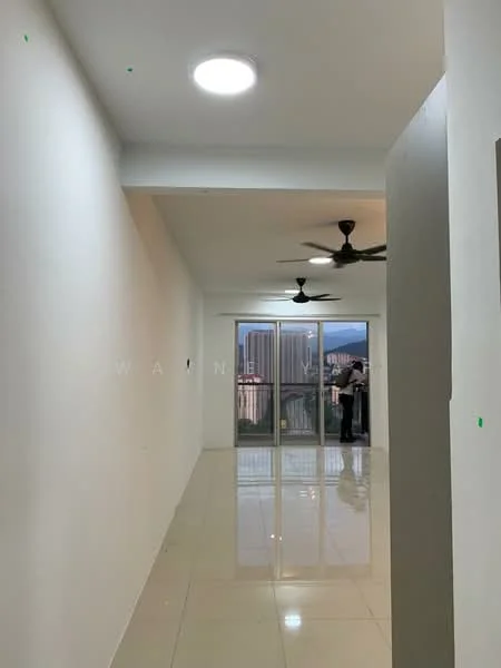 Room features: white painted walls, glossy tile flooring, 2 ceiling fans, sliding glass doors, natural light from windows, recessed ceiling lights; style: modern; view: city.
