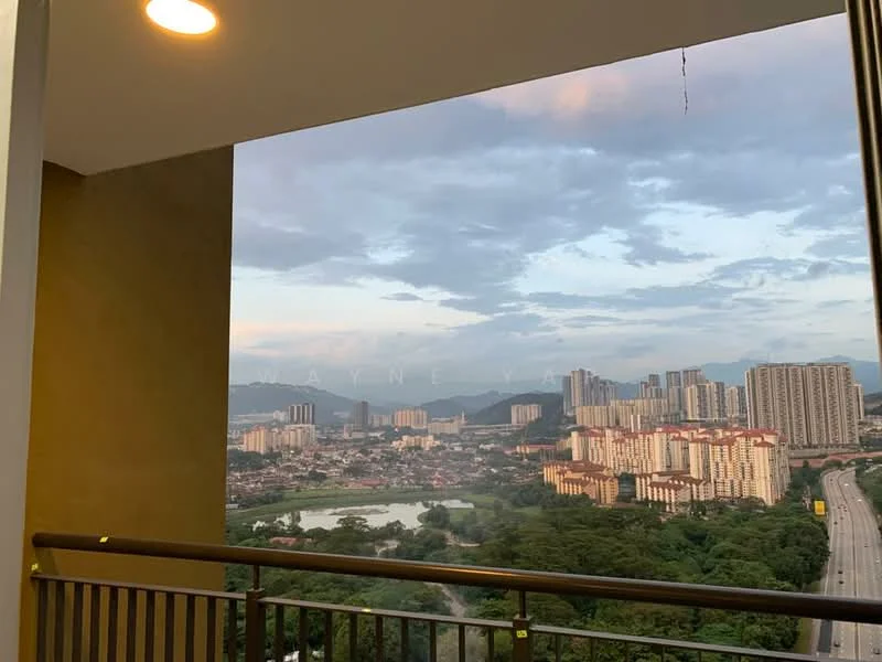 Room features: balcony with railing, city skyline view, mountain view, outdoor lighting, concrete flooring, glass sliding door, grey painted walls; style: modern; view: city.