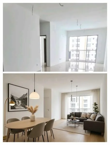 Living features: white painted walls, light wood flooring, large floor-to-ceiling windows, sheer curtains, round coffee table, 3-seater fabric sofa in beige, 4 upholstered dining chairs, pendant light fixture, decorative plant in ceramic pot, framed artwork on wall; style: modern; view: city. Room features: white painted walls, light tile flooring, ceiling lights, doorway leading to another room.